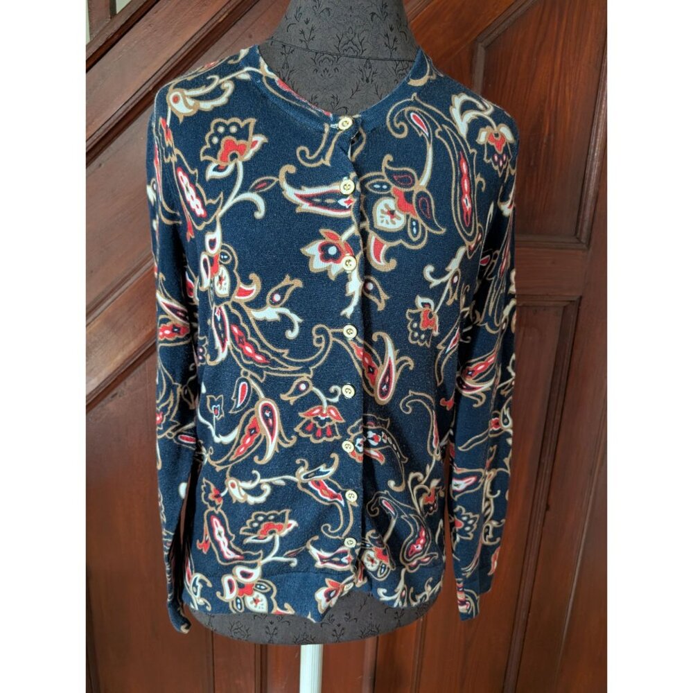 Charter Club Womens Paisley Button Cardigan Sweater M 100% Cotton Navy/Red
